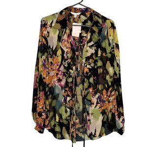 NWT Cabi Tie Front Top Kimono Blouse Cardigan Size XS Dark Floral Sheer